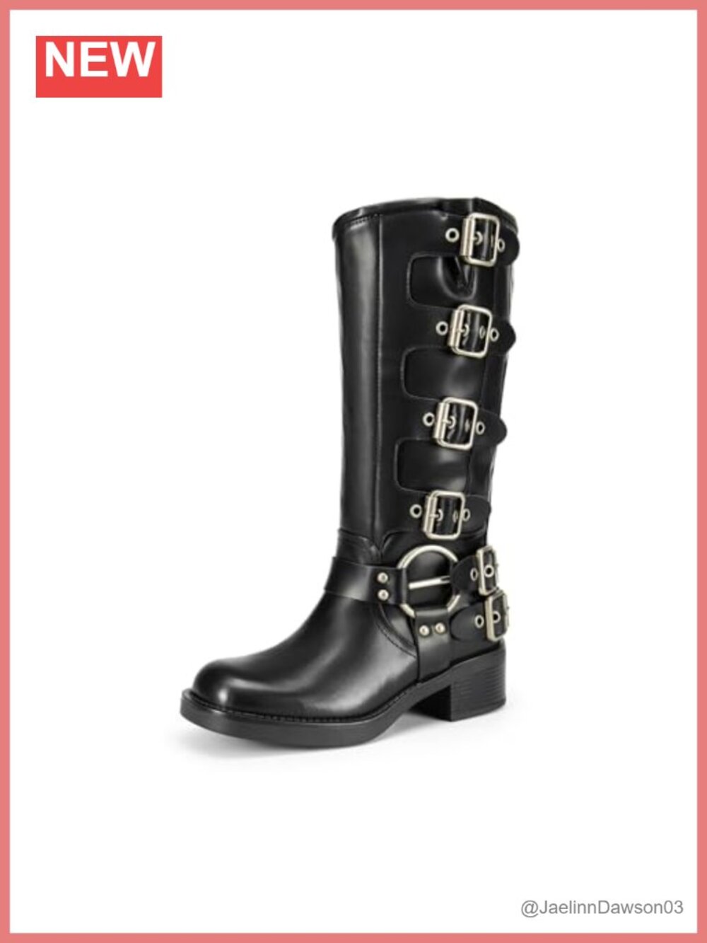 Women's Knee High Moto Boots Faux Leather Square Toe Block Heel Buckle Straps